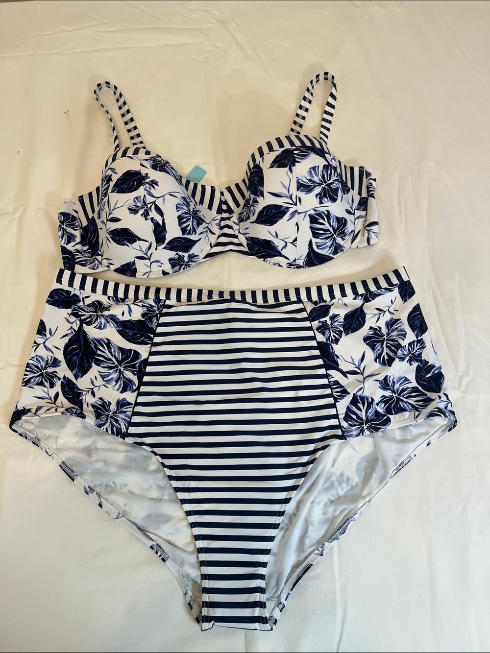 Robyn Lawley Navy & White Floral Stripe Two-Piece Swim Set